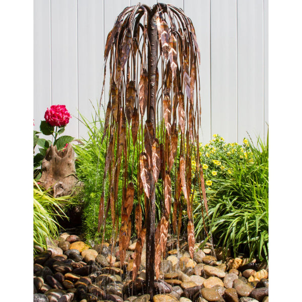 37 Copper Weeping Willow Garden Fountain With Red Flower And Green Plants In The Background