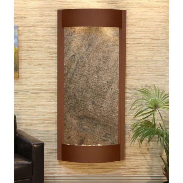 Adagio Pacifica Waters Contemporary Wall Fountain With Chocolate Brown Leather and Plants-Green Feather Stone-Woodland Brown