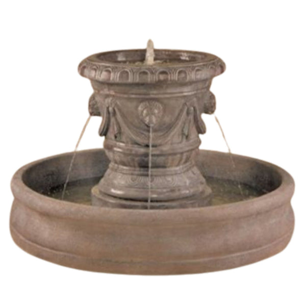 Fiore Stone Classico Pot with Lion Heads Outdoor Fountain With Plain White Background