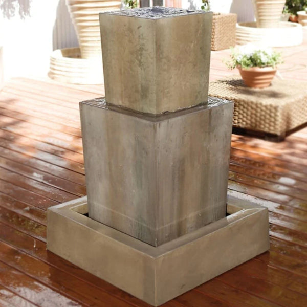 Gist Double Obtuse Garden Water Fountain With Rattan Center Table And Plater In The Background