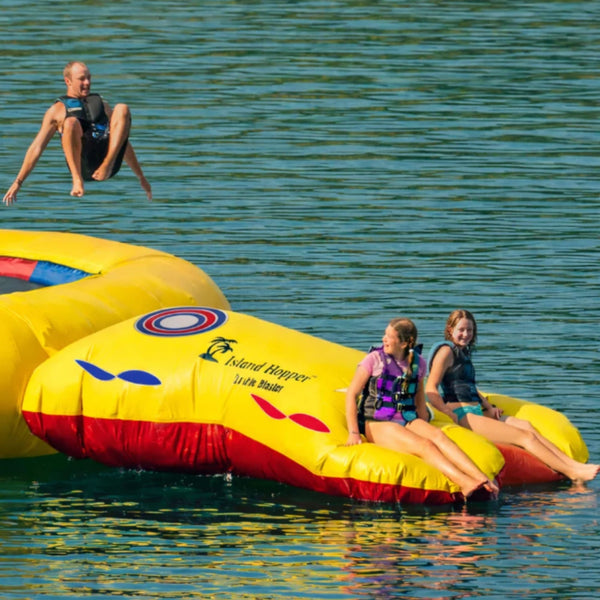 Island Hopper Double Blaster Attachment Man Jumping Into Lake With Two Girls Sitting