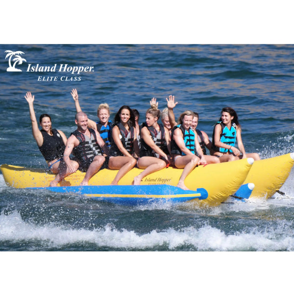 Island Hopper Elite Class 10 Person Banana Boat With Ten People Enjoying The Ride On Waves