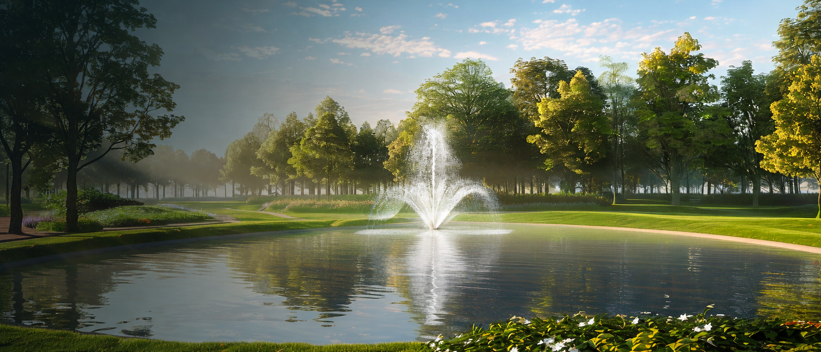 Premium pond fountain on a private pond at sunset