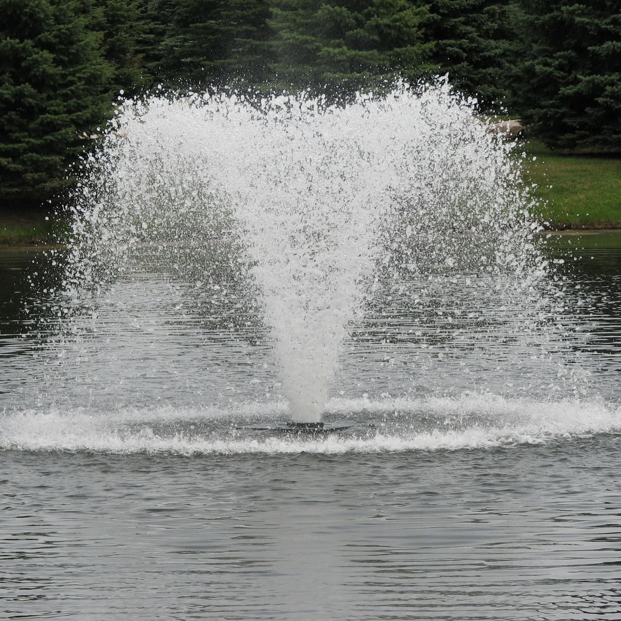 Scott Aerator North Star Pond Aerator Fountain On The Water With Green Trees In The Background