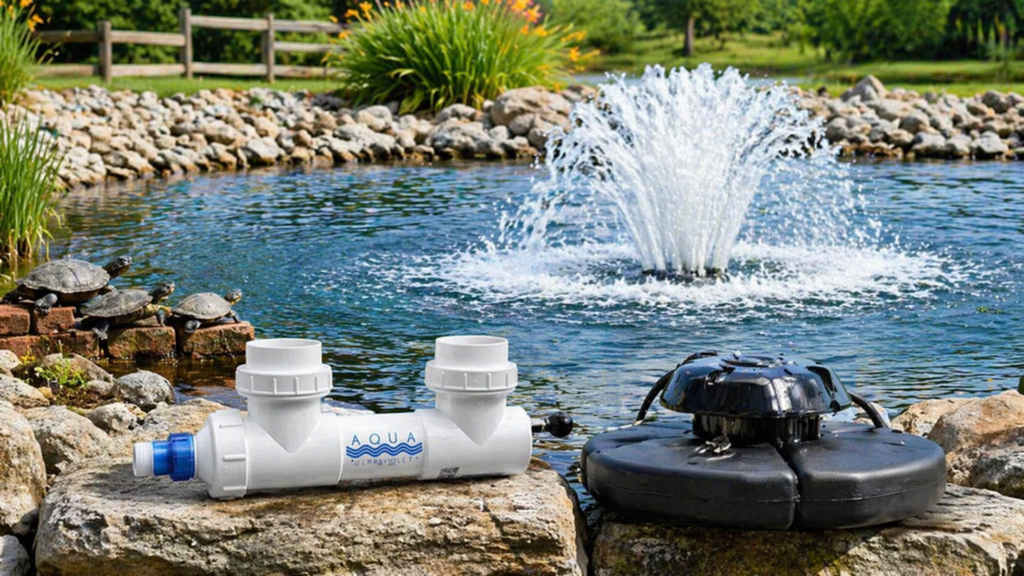 pond aerator and uv clarifier beside a clear pond fountain helping control pond algae year round