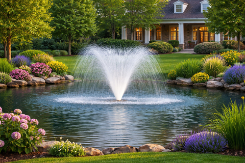 Backyard pond fountain in a landscaped garden outside a home, showing the benefits of pond fountains for outdoor spaces.