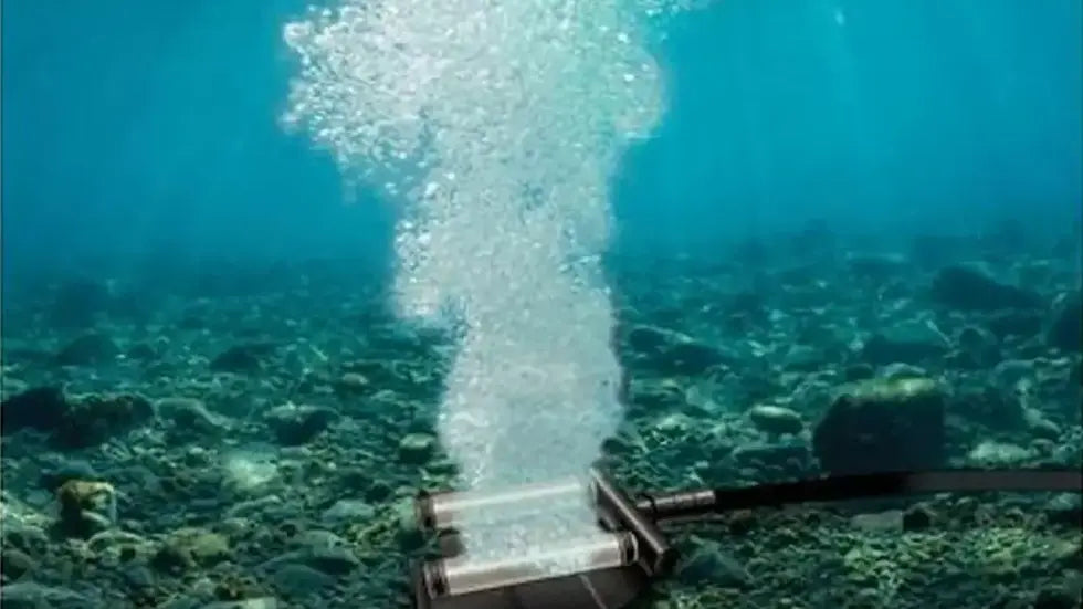 Underwater pond aerator diffuser releasing a column of bubbles from a hose-connected unit.