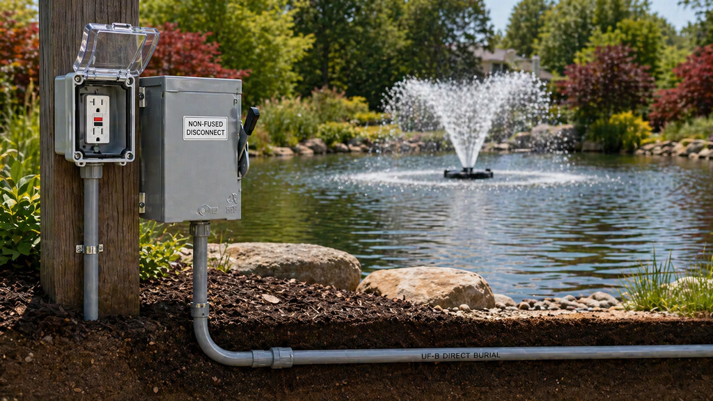 Shoreline GFCI outlet and disconnect box used to run power to a pond fountain safely beside a landscaped pond.