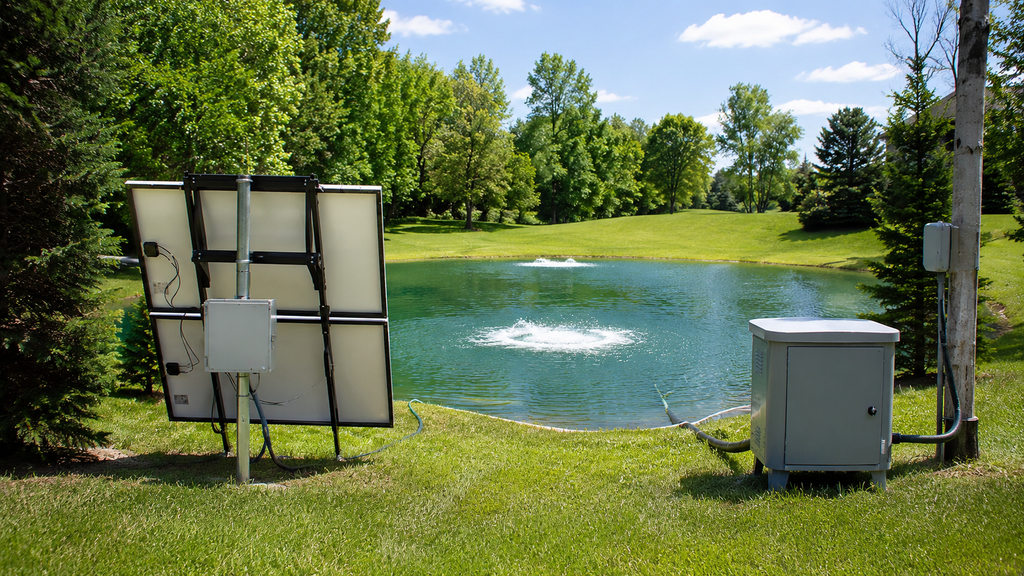Solar panels and an electric aerator setup beside a healthy green pond, comparing solar and electric pond aerators for off-grid water aeration.