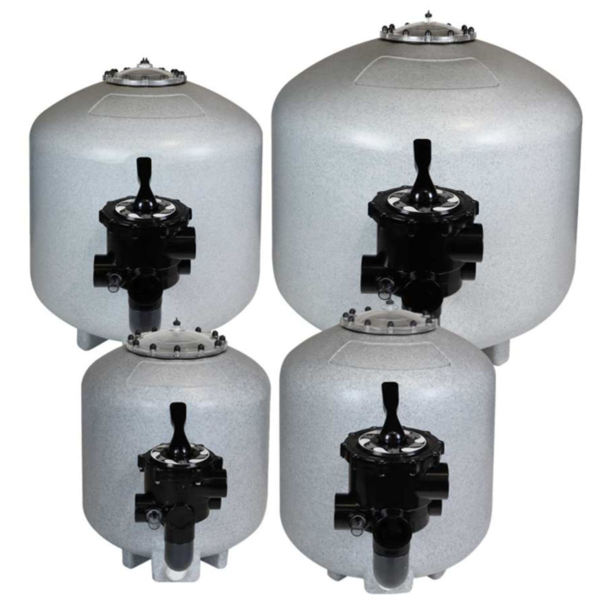 Two grey cylindrical pond filter vessels standing side by side with multiport valves and pipe unions on top.