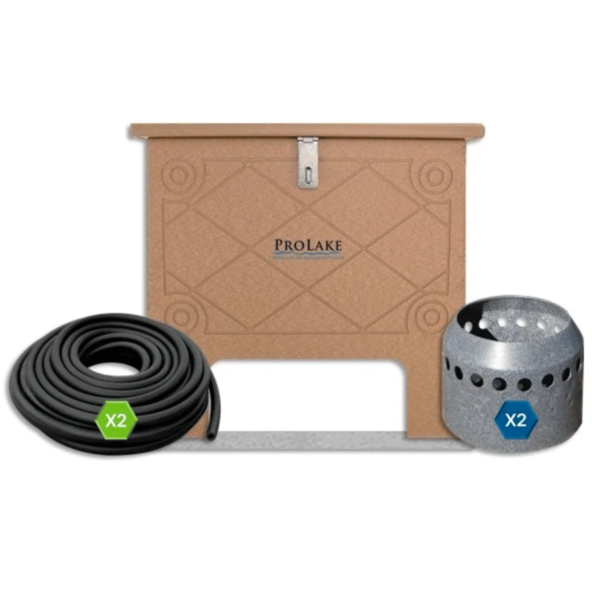 A ProLake 1.2 diffused aeration system laid out with its cabinet, weighted airline tubing and diffuser plate.
