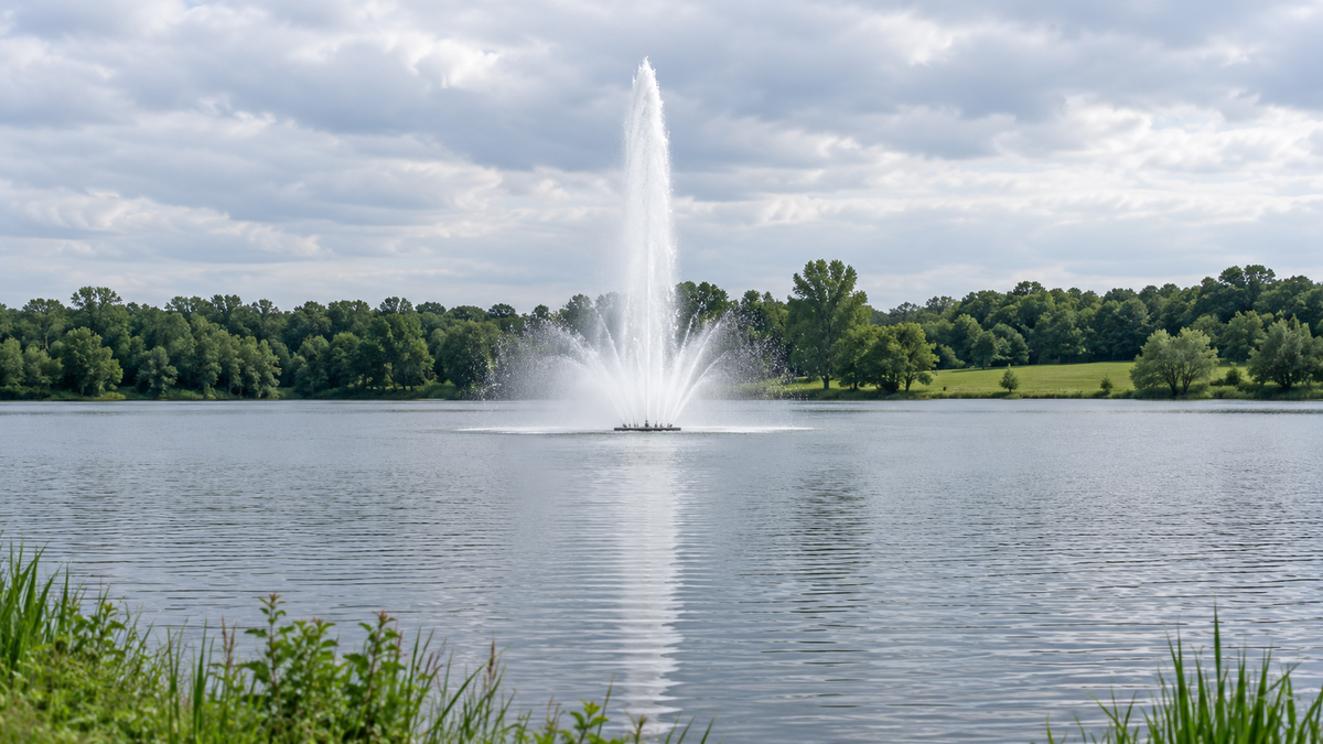 A floating fountain throwing a tall plume of white water on an open lake seen from the grassy shoreline