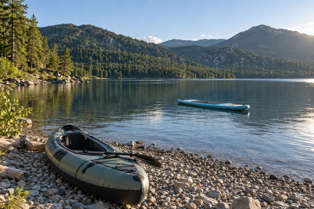 An inflatable kayak resting on a pebble shore with a blue paddle board floating on a calm mountain lake behind it