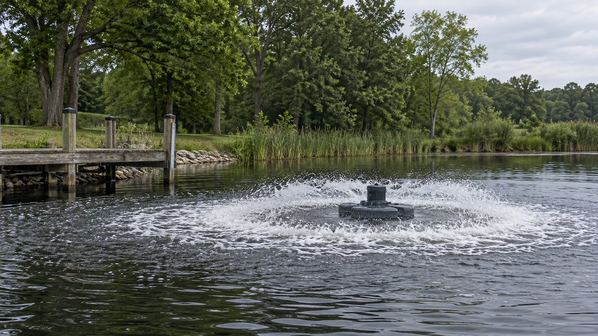 A floating surface aerator churning a wide ring of white bubbling water on a pond beside a weathered wooden dock.