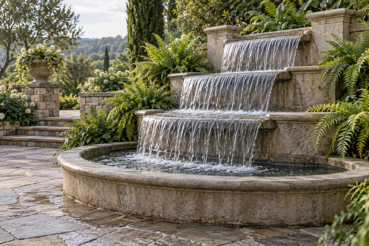 A cast stone cascading fountain sheeting water over several broad stone lips into a wide basin on a garden terrace edged with ferns