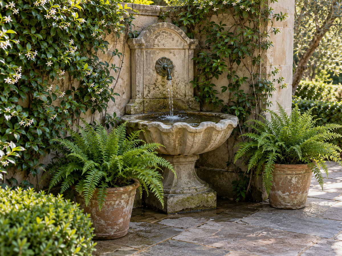 A cast stone corner fountain fitted into the inside corner of a paved garden terrace, water spilling from a wall spout into a basin below with potted ferns beside it