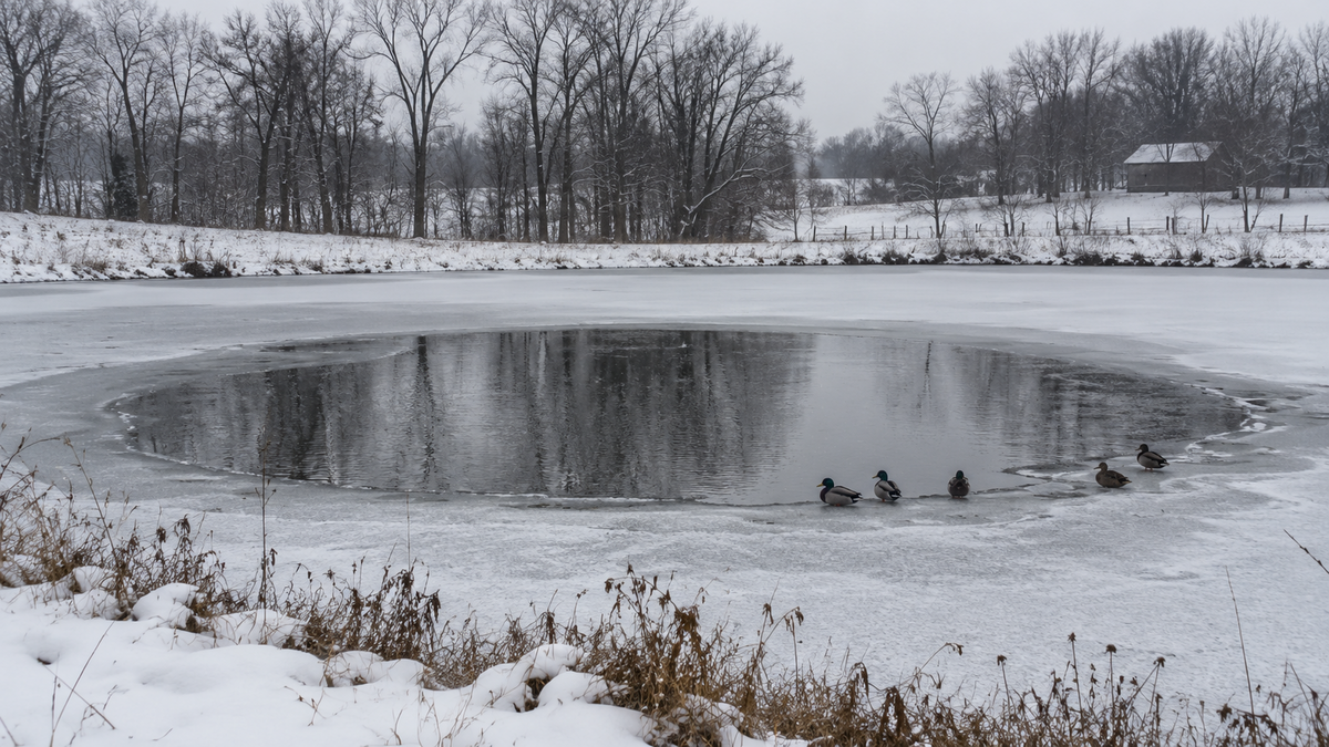 A de-icer holding a circle of open water in a frozen pond with snow on the banks and bare trees behind