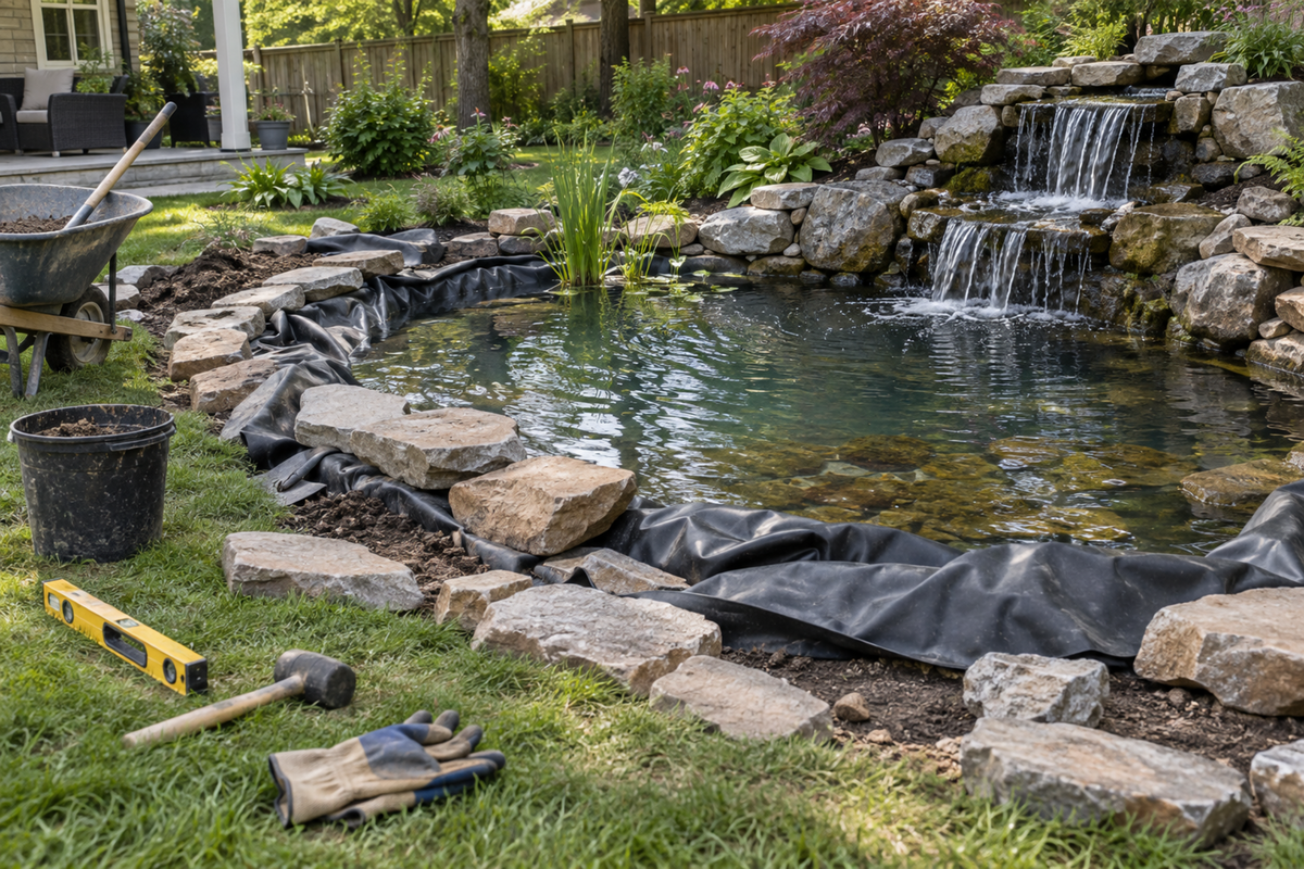 Backyard pond under construction with black liner still exposed at the edges, boulders being set around the rim and a waterfall running at one end