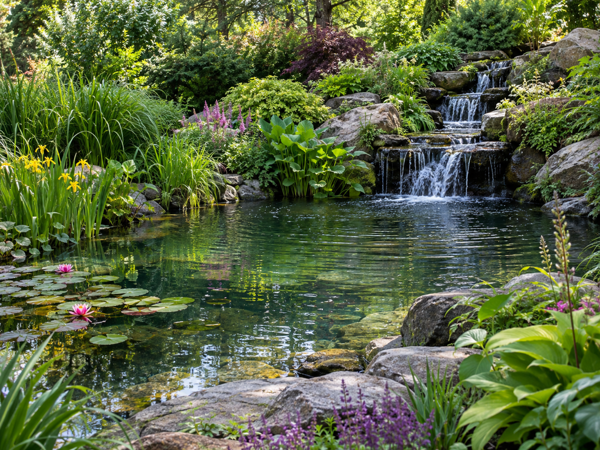 Backyard water garden with a rock waterfall, lilies on the surface and irises planted along the edge