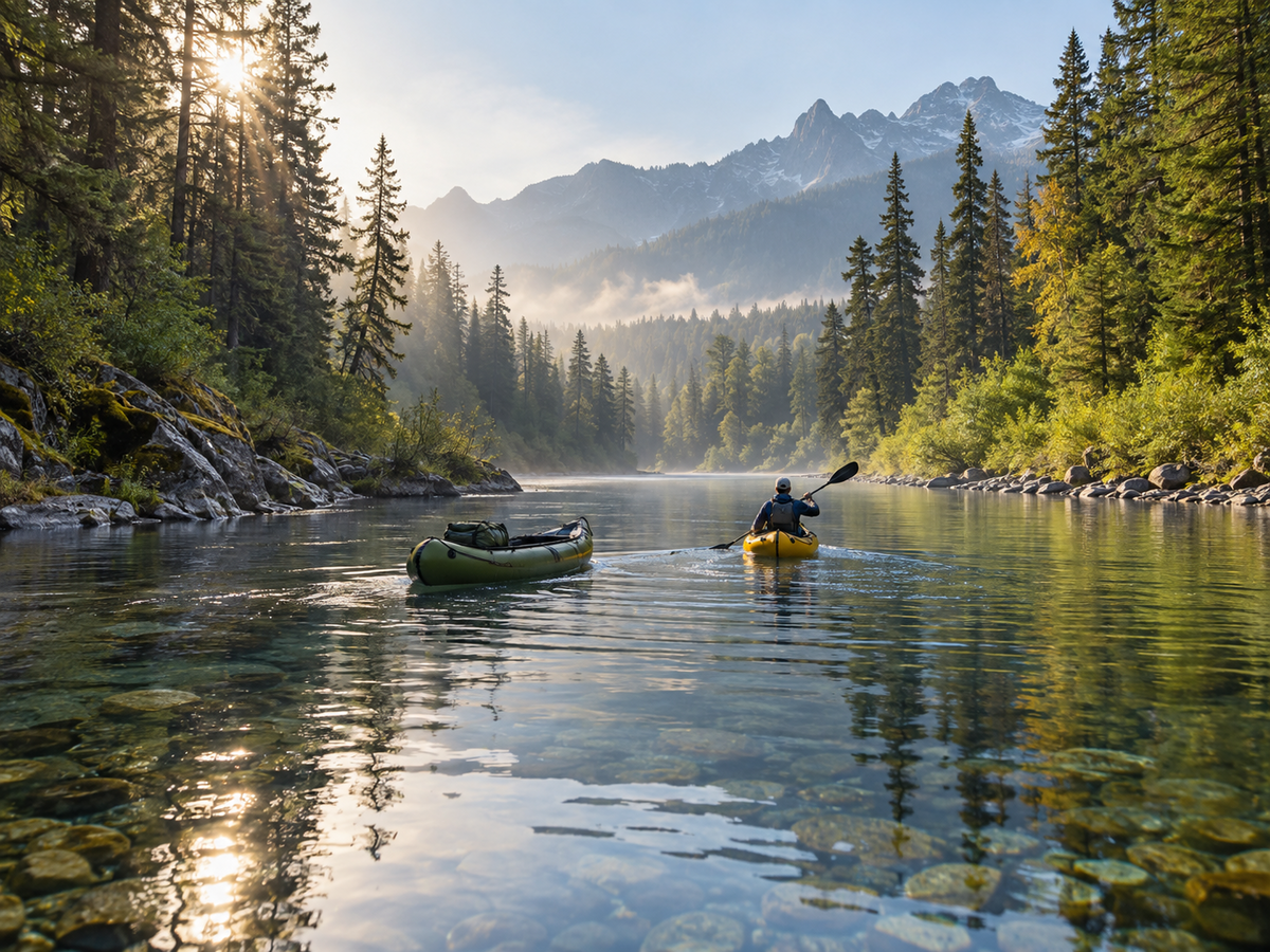 A green inflatable canoe and a yellow inflatable kayak on a calm river between forested banks in morning light