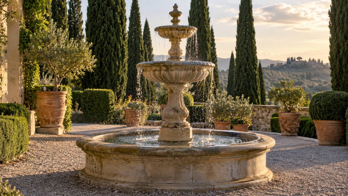 A three tier cast stone Italian garden fountain on a gravel terrace, water spilling from each tier into a round basin, with clipped cypress behind it