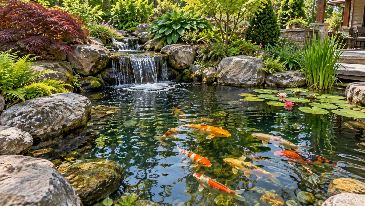 Rock edged koi pond with a waterfall running into it, koi swimming among water lilies near the surface