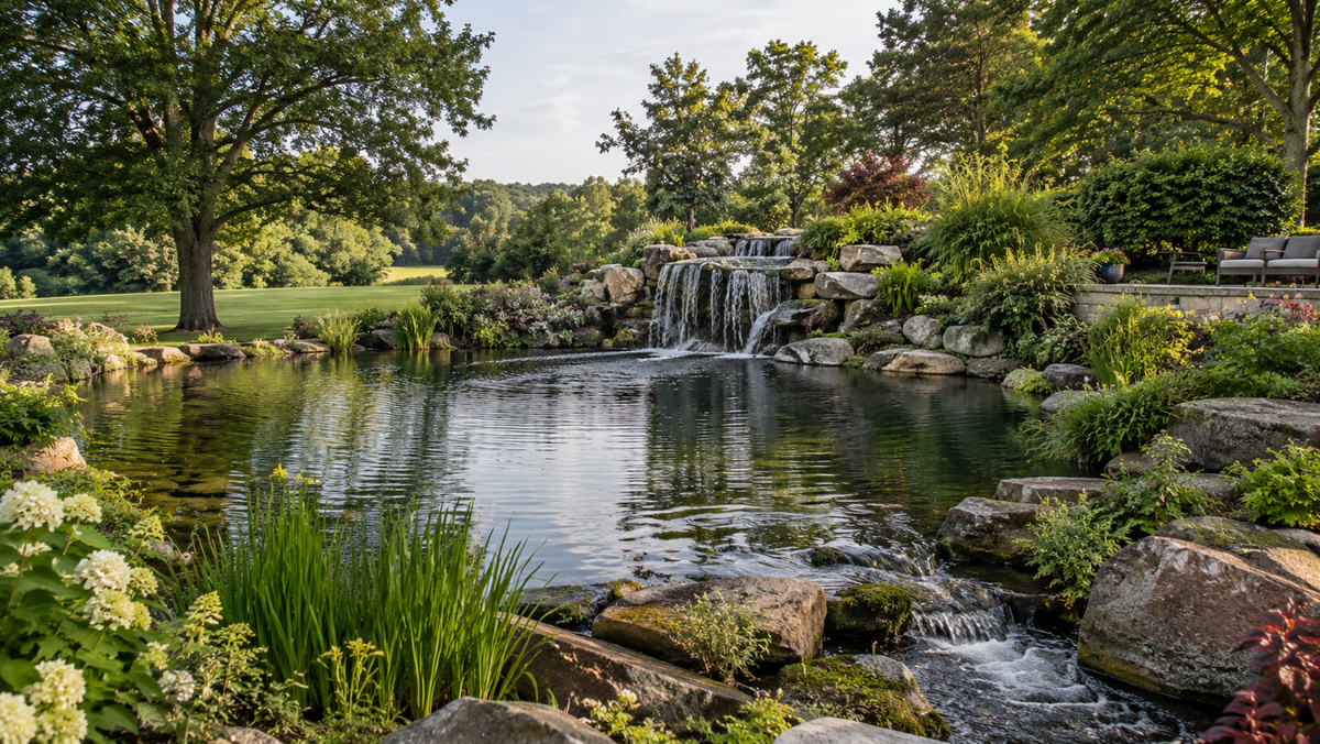 Large landscaped pond in an open backyard with a wide rock waterfall and mature trees behind