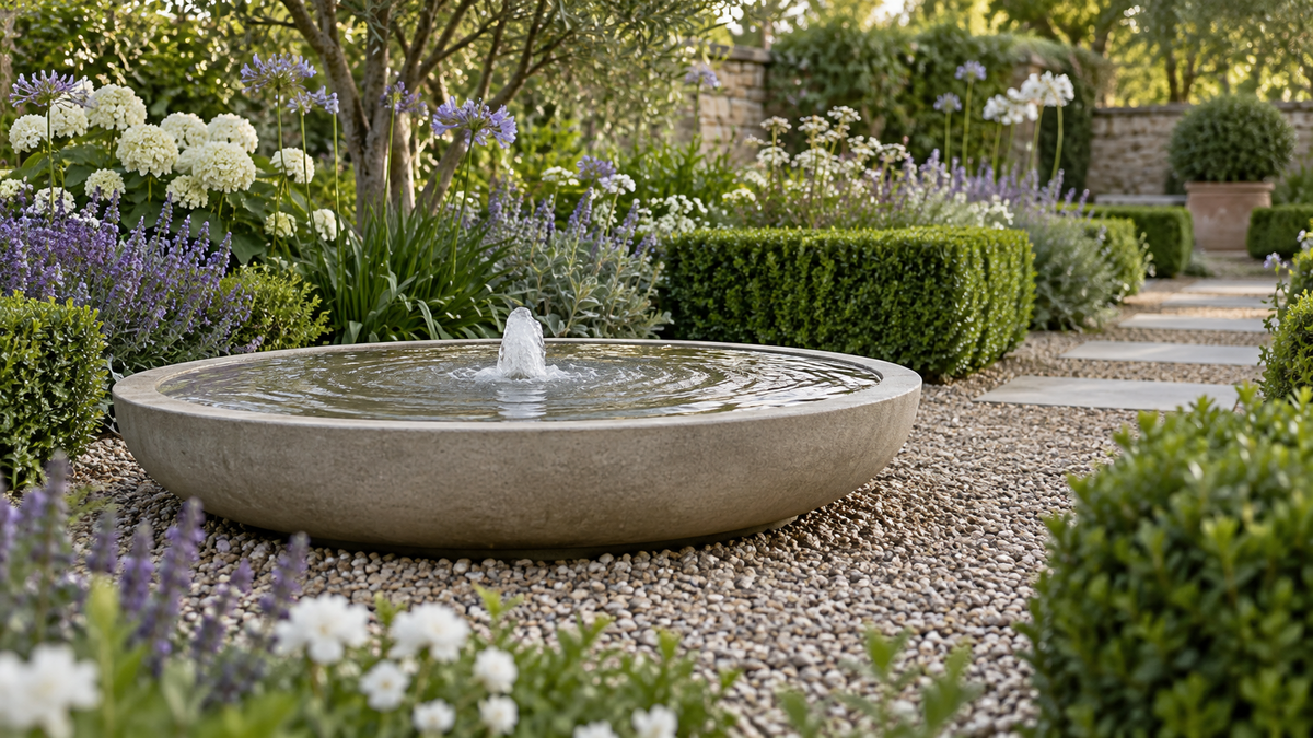 A low cast stone bubbler fountain with water welling up from the center and spreading across a full basin, set in gravel beside a planted garden path