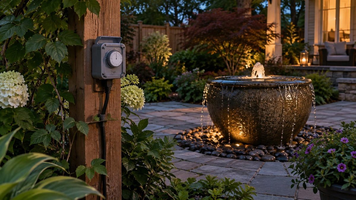 Outdoor pump timer mounted on a wooden post beside a lit bowl fountain on a garden patio at dusk