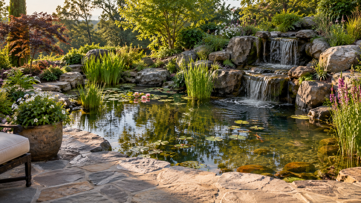 Garden pond with a rock waterfall, water lilies and marginal planting along a stone edge