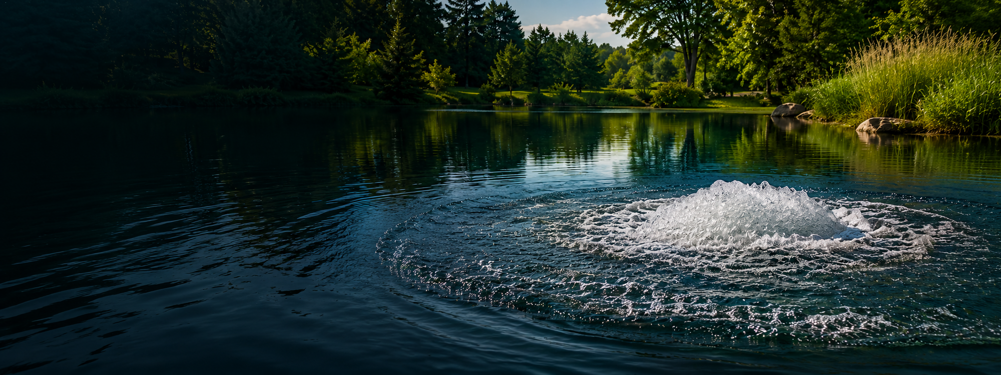 Pond aerator creating bubbles in a landscaped outdoor pond