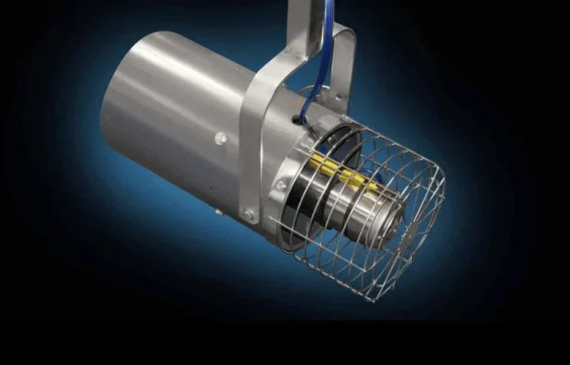 Stainless steel muck blaster with a caged propeller at one end, hanging from a mounting bracket.