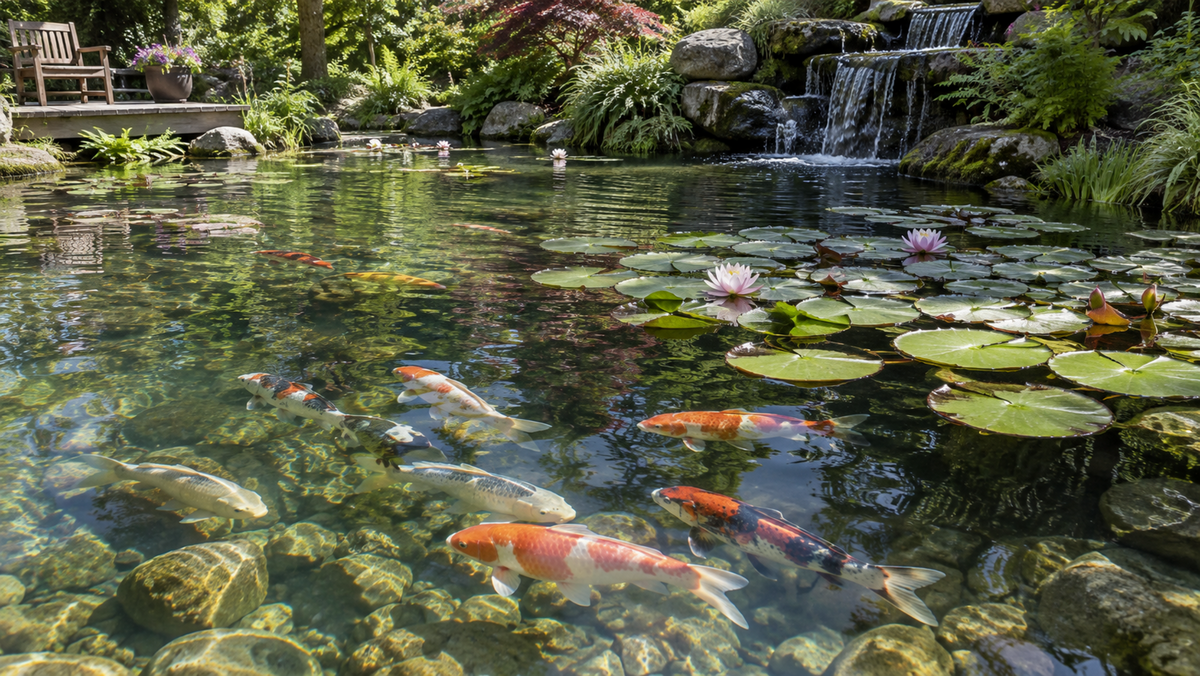 Clear koi pond with water lilies on the surface, koi swimming over pale stones and a waterfall at the far end