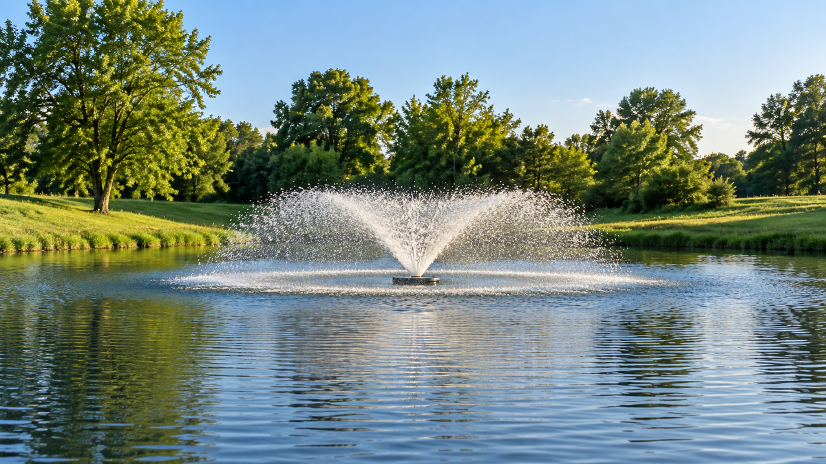 A floating fountain throwing a low wide white spray in the middle of a grassy farm pond in late afternoon light