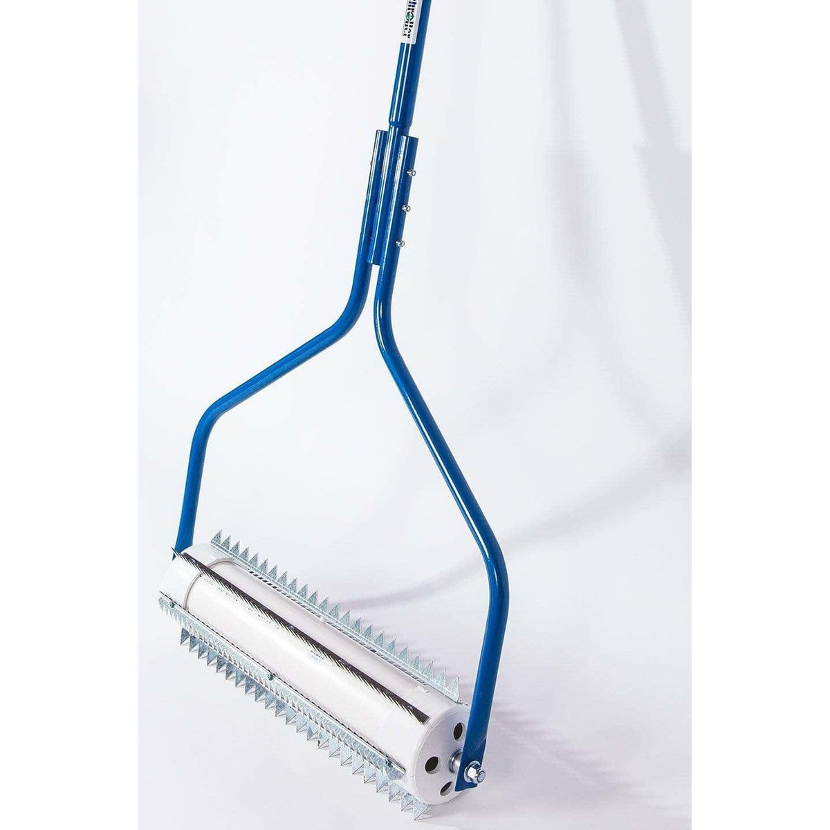 Blue handled weed rolling tool with a spiked steel roller used to flatten weed growth on a pond bottom