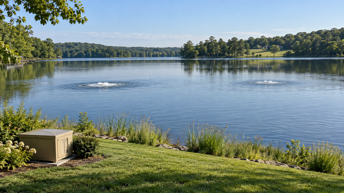 Two rings of aeration bubbles breaking the surface of a large lake with a low equipment cabinet on the grassy bank