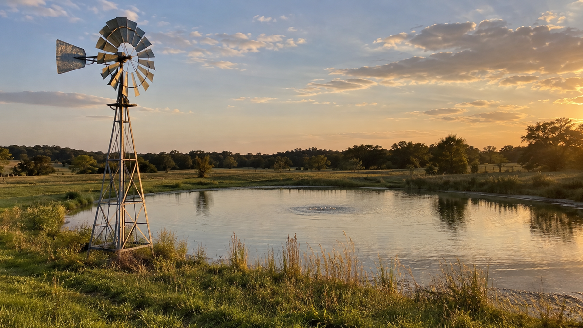 A galvanized windmill aerator tower on the grassy bank of a farm pond at sunset, with a boil of bubbles rising at the centre of the water