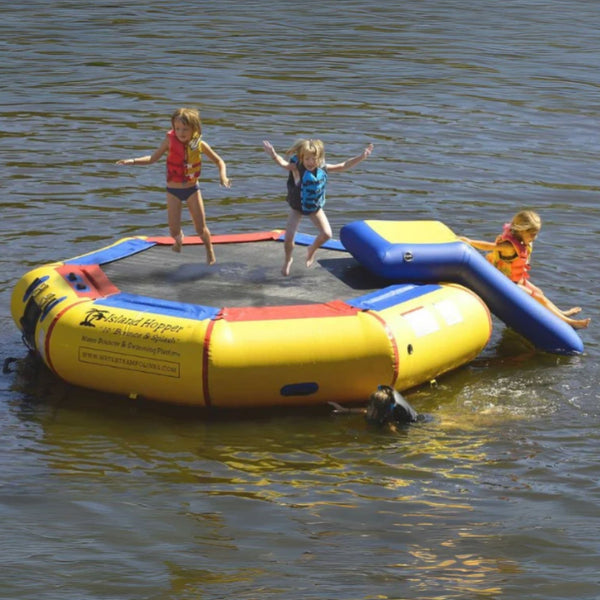 10 Island Hopper Bouncer Slide Water Park Two Kids Jumping, One Girl Sliding, And One Kid Swimming In The Water