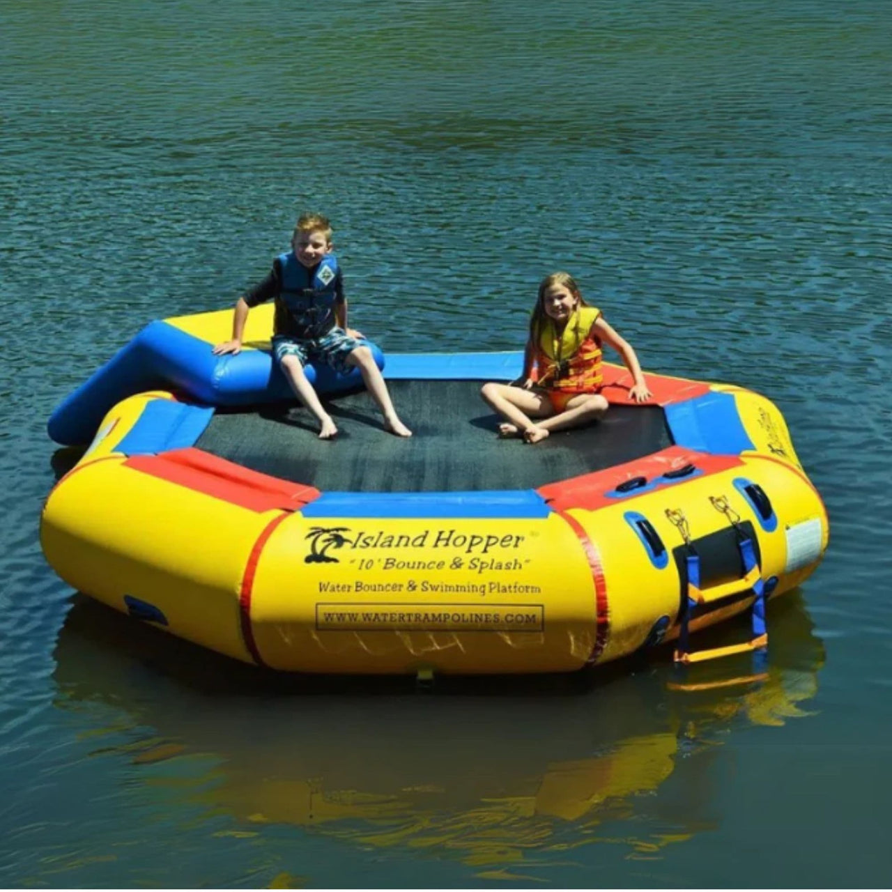 10 Island Hopper Bouncer Slide Water Park Two Kids Sitting And Resting In Calm Water