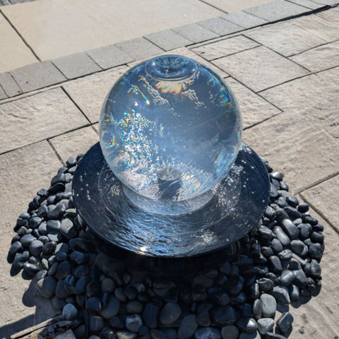 14inch Crystal Sphere Fountain Kit Top View With Stone Patio
