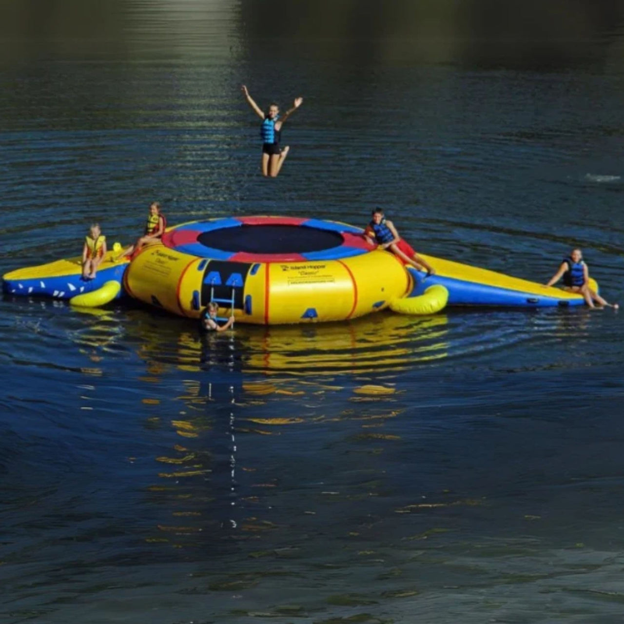 15 Gator Water Park with Water Trampoline and Slides With Kids Having Fun On Water Trampoline In Calm Water