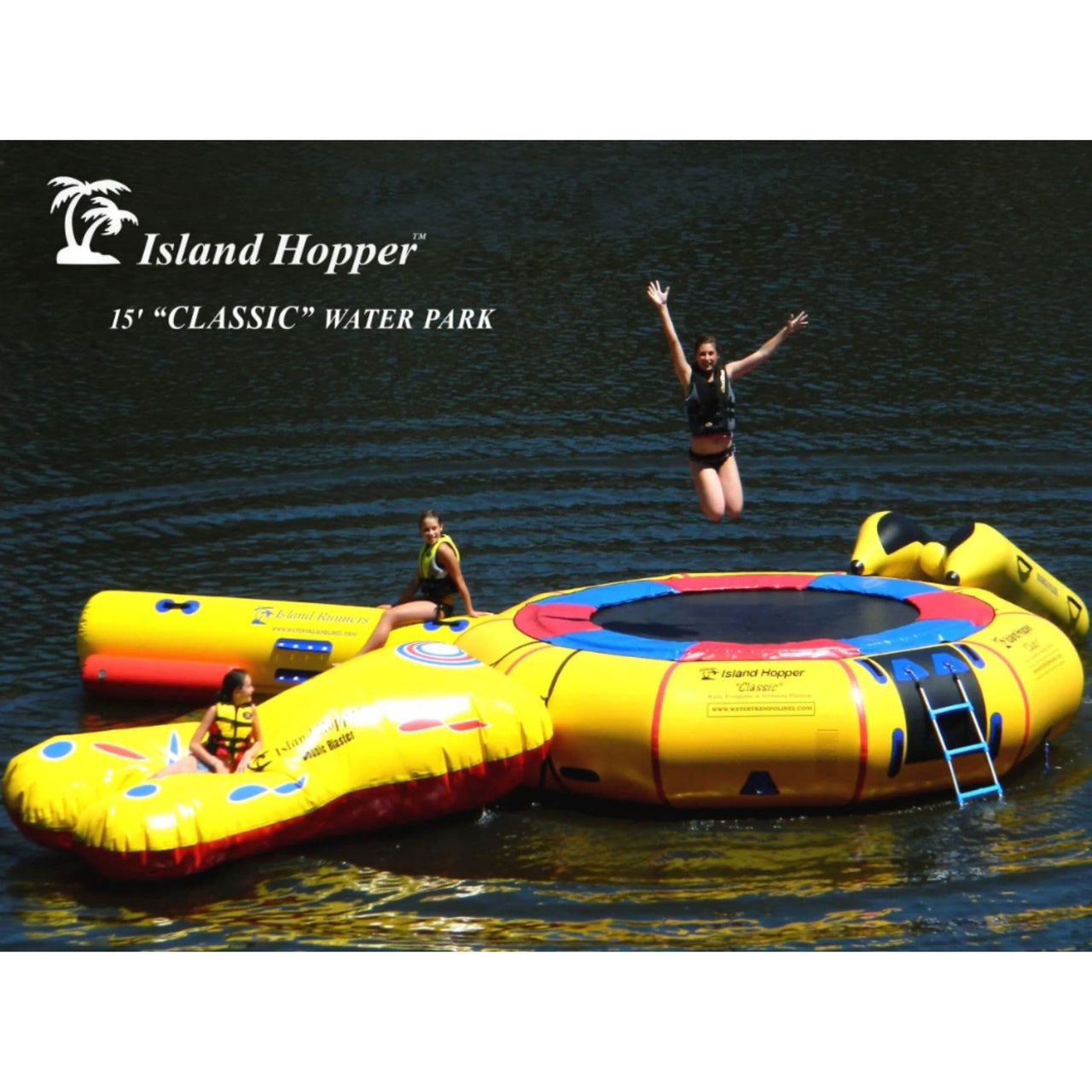 15 Island Hopper Trampoline Three Girls Having Fun, Jumping And Splashing In The Water