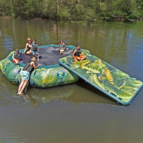15 Lakeside Water Park Water Bouncer with SlidePlatform With A Mother And Kids Having Fun On Calm Lake
