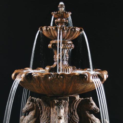 2-Tier Cavalli Outdoor Water Fountain With 12 Foot Bracci Basin Close-up View of The Upper Tier