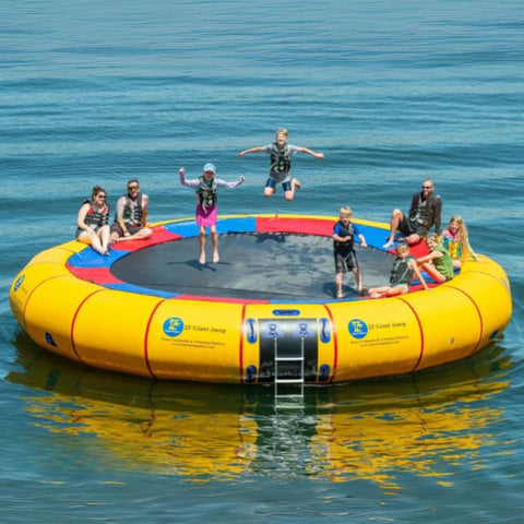 25 Island Hopper Water Trampoline Floating In Blue Calm Water While Family Having Fun