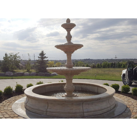 3-Tier Four Seasons Outdoor Water Fountain With Bracci Basin With Small Trees and a Car Background