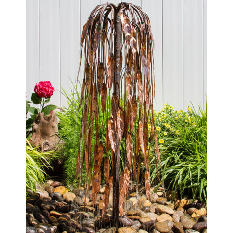 37 Copper Weeping Willow Garden Fountain With Red Flower And Green Plants  In The Background