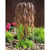 45 Copper Weeping Willow Garden Fountain With Wooden Fence, Hot Pink Flowers And Green Plants Background