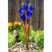 50 Copper Blue Iris Flower Garden Fountain With Bamboo Fence And Plants Background