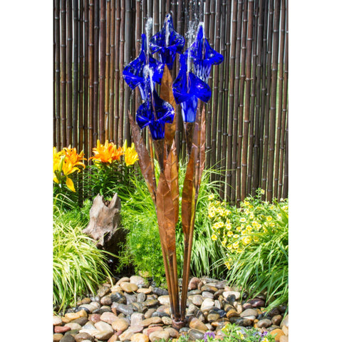 50 Copper Blue Iris Flower Garden Fountain With Bamboo Fence And Plants Background